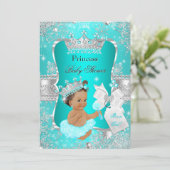 Invitation Aqua Turquoise Blue Princess Baby shower Brunette (Debout devant)