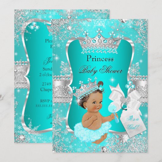 Invitation Aqua Turquoise Blue Princess Baby shower Brunette (Devant / Derrière)