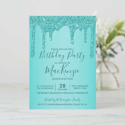 Invitation Aqua Turquoise Éperkle Parties scintillant Drives  (Debout devant)