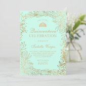 Invitation Aqua turquoise fleurie or Tiara chic Quinceañera (Debout devant)