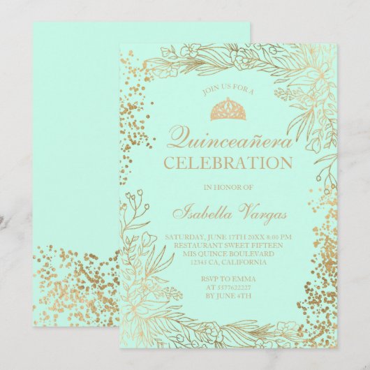 Invitation Aqua turquoise fleurie or Tiara chic Quinceañera (Devant / Derrière)