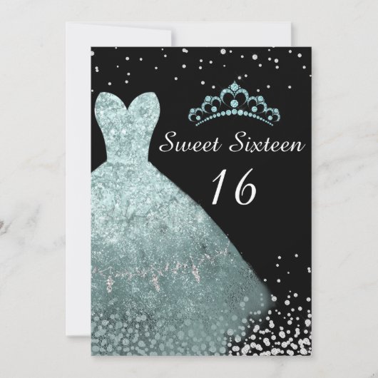 Invitation Aqua Turquoise Gown Tiara Sweet 16 Anniversaire (Devant)
