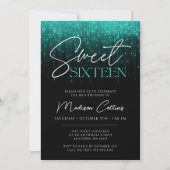 Invitation Aqua Turquoise Lights Black Sweet 16 (Devant)