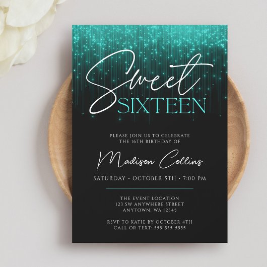 Invitation Aqua Turquoise Lights Black Sweet 16