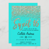 Invitation Aqua Turquoise or à Parties scintillant dispersée (Devant / Derrière)