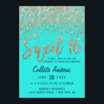 Invitation Aqua Turquoise or à Parties scintillant dispersée<br><div class="desc">Ce design unique et joli Sweet 16 invitation présente une typographie de trait de brosse manuscrite à l'or brillant imitation fausse imprimée et brillante, ainsi qu'une parties scintillant dispersée dans un effet dégradé à l'ombre au-dessus d'un arrière - plan turquoise aqua. Sur le dos affiche un grand chic, parties scintillant...</div>