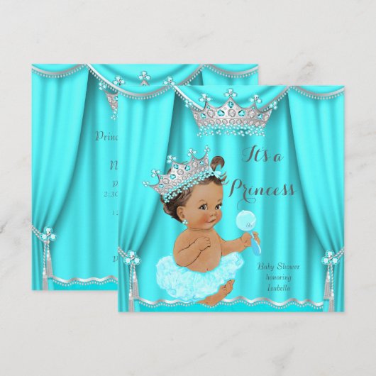Invitation Aqua Turquoise Princess Baby shower Silver Brunett (Devant / Derrière)