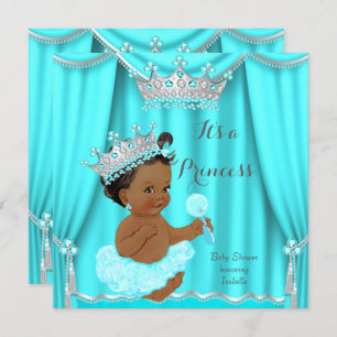 Invitation Aqua Turquoise Princess Baby shower Silver Ethnic