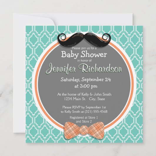 Invitation Aqua Turquoise Retro Funny Boy Baby shower (Dos)