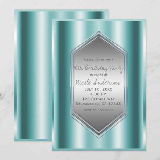 Invitation Aqua Turquoise Shine Glamor Anniversaire Fête N'im (Devant / Derrière)