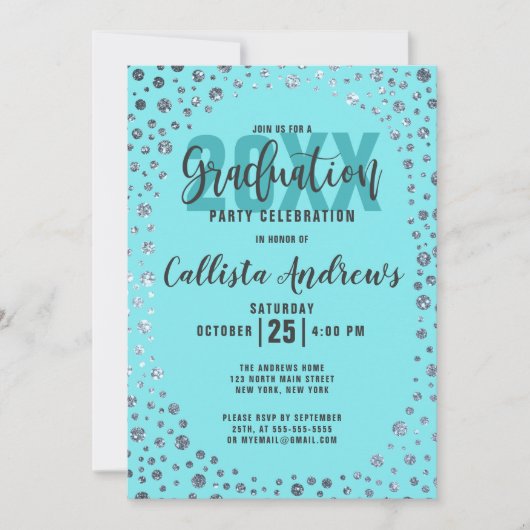 Invitation Aqua Turquoise Silver Parties scintillant Confetti (Devant)