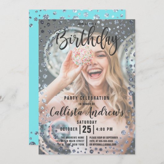 Invitation Aqua Turquoise Silver Parties scintillant Confetti (Devant / Derrière)