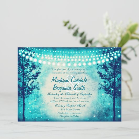 Invitation Aqua Turquoise Trees String Lights Mariage Invite (Debout devant)