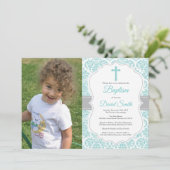 Invitation Aqua Turquoise Turquoise Damask Cross Baptême (Debout devant)
