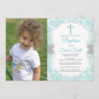 Aqua Turquoise Turquoise Damask Cross Baptême