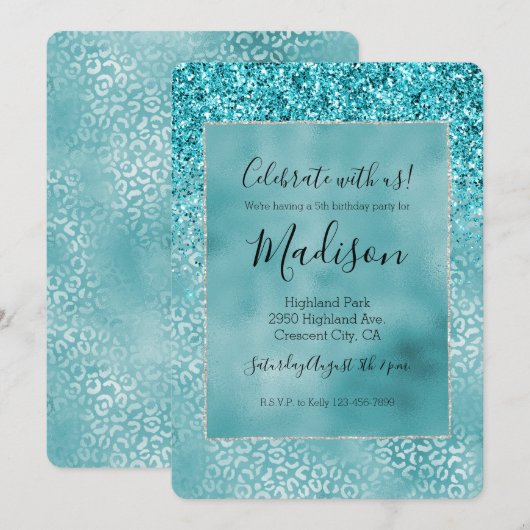 Invitation Aqua Turquoise Turquoise Glam Empreinte de léopard (Devant / Derrière)