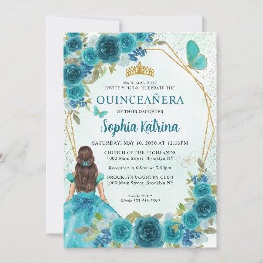 Invitation Aqua Turquoise Vert or Floral Princesse Quinceañer (Devant)