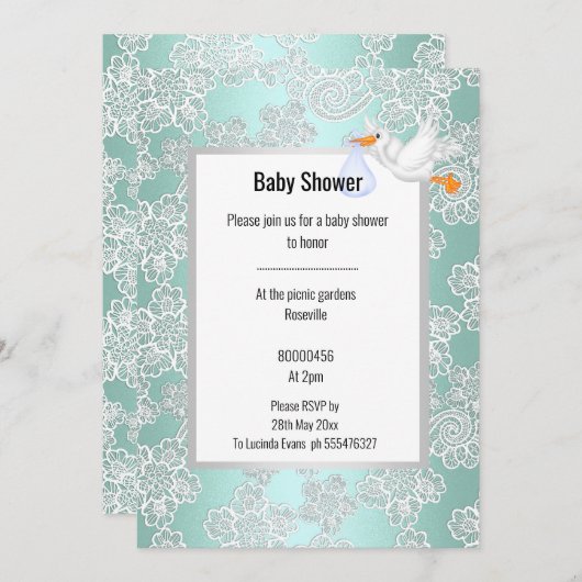 INVITATION AQUA VERT DÉTAIL DE LA DERNIÈRE BABY SHOWER EN STO (Devant / Derrière)