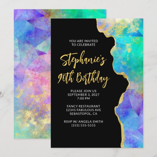 Invitation Aqua Vert Multi Fire Opal Or Glam 90e Anniversaire (Devant / Derrière)