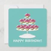 Invitation Aqua White Et Rose Cupcake Tower Joyeux Anniversai (Devant)