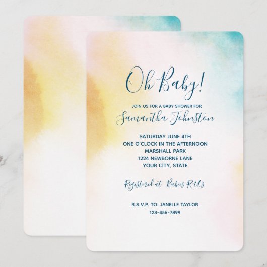 Invitation Aqua Yellow Gold Blush Tie Dye Ombre (Devant / Derrière)