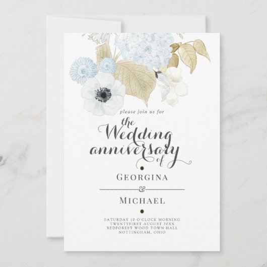Invitation Aquamarine Bleu Or Floral MARIAGE ANNIVERSAIRE (Devant)
