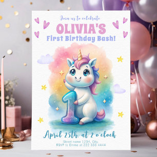 Invitation Aquarelle 1er anniversaire Baby Unicorn Party