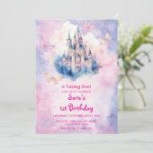 Invitation Aquarelle 1er Anniversaire Château & Papillon (Debout devant)