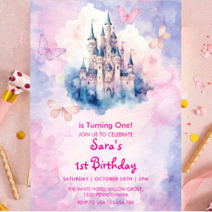 Invitation Aquarelle 1er Anniversaire Château & Papillon