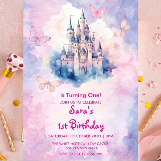 Invitation Aquarelle 1er Anniversaire Château & Papillon