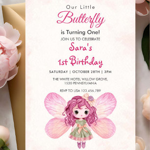 Invitation Aquarelle 1er anniversaire mignonne Girl Papillon
