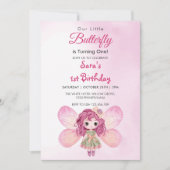 Invitation Aquarelle 1er Anniversaire Papillon de fille rose (Devant)