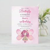 Invitation Aquarelle 1er Anniversaire Papillon de fille rose (Debout devant)