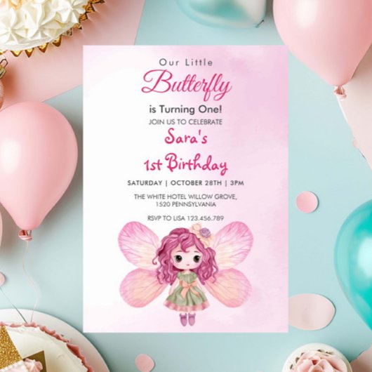 Invitation Aquarelle 1er Anniversaire Papillon de fille rose