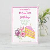 Invitation Aquarelle 1er gâteau rose d'anniversaire avec fleu (Debout devant)