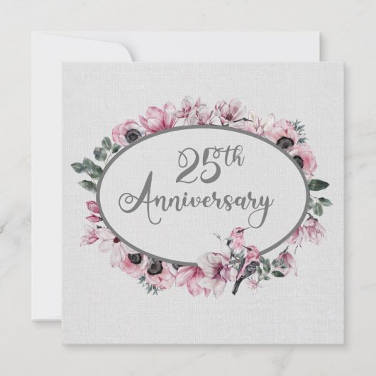 Invitation Aquarelle 25e anniversaire Fleurs roses et oiseaux (Devant)