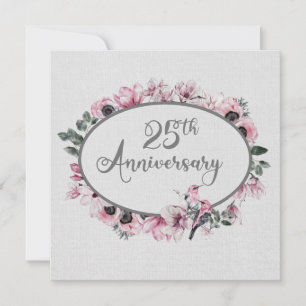 Invitation Aquarelle 25e anniversaire Fleurs roses et oiseaux