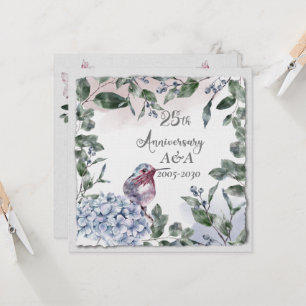 Invitation Aquarelle 25e anniversaire Fleurs roses et oiseaux