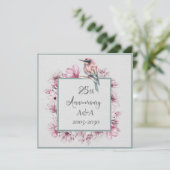 Invitation Aquarelle 25e anniversaire Fleurs roses et oiseaux (Debout devant)