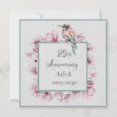 Invitation Aquarelle 25e anniversaire Fleurs roses et oiseaux (Devant)