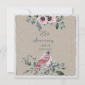 Invitation Aquarelle 25e anniversaire Fleurs roses et oiseaux (Devant)