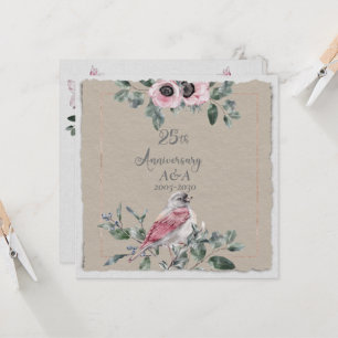 Invitation Aquarelle 25e anniversaire Fleurs roses et oiseaux