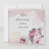Invitation Aquarelle 25e anniversaire Fleurs roses et oiseaux (Devant)