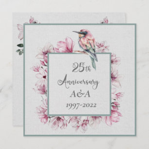 Invitation Aquarelle 25e anniversaire Fleurs roses et oiseaux