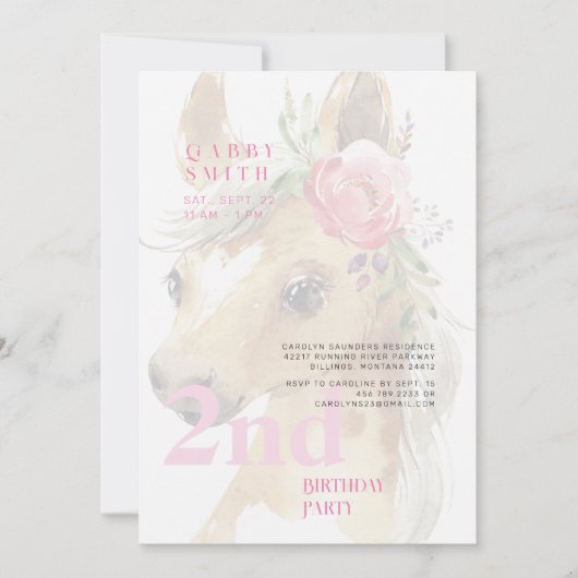 Invitation Aquarelle 2e anniversaire Pink Pony Party (Devant)
