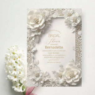 Invitation Aquarelle 3D fleurs blanches or Fête des mariées
