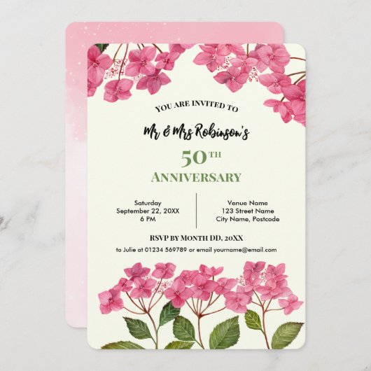 Invitation Aquarelle 50e Anniversaire Rose Hydrangea Lacecap (Devant / Derrière)