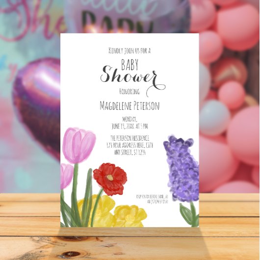Invitation Aquarelle à Baby shower floral chic tiré à la main
