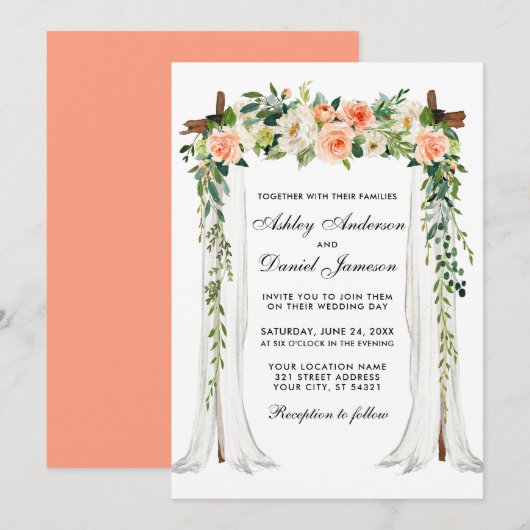 Invitation Aquarelle à canopée mariage Corail floral (Devant / Derrière)