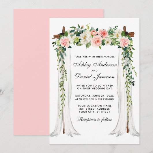 Invitation Aquarelle à canopée mariage couleur rose floral (Devant / Derrière)